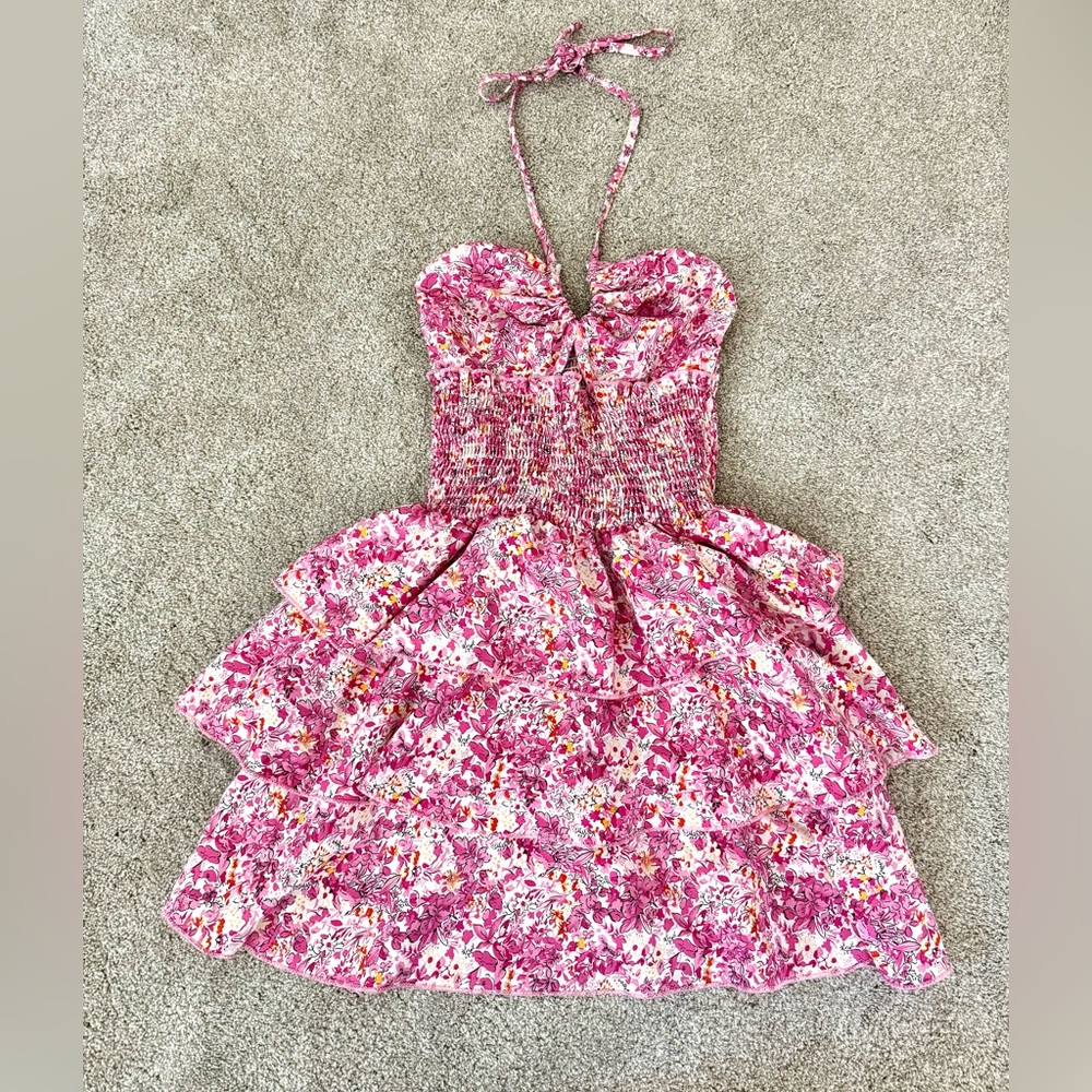 ✨ Ditsy Floral Print Shirred Crisscross Backless Two Layer Hem Halter Dress